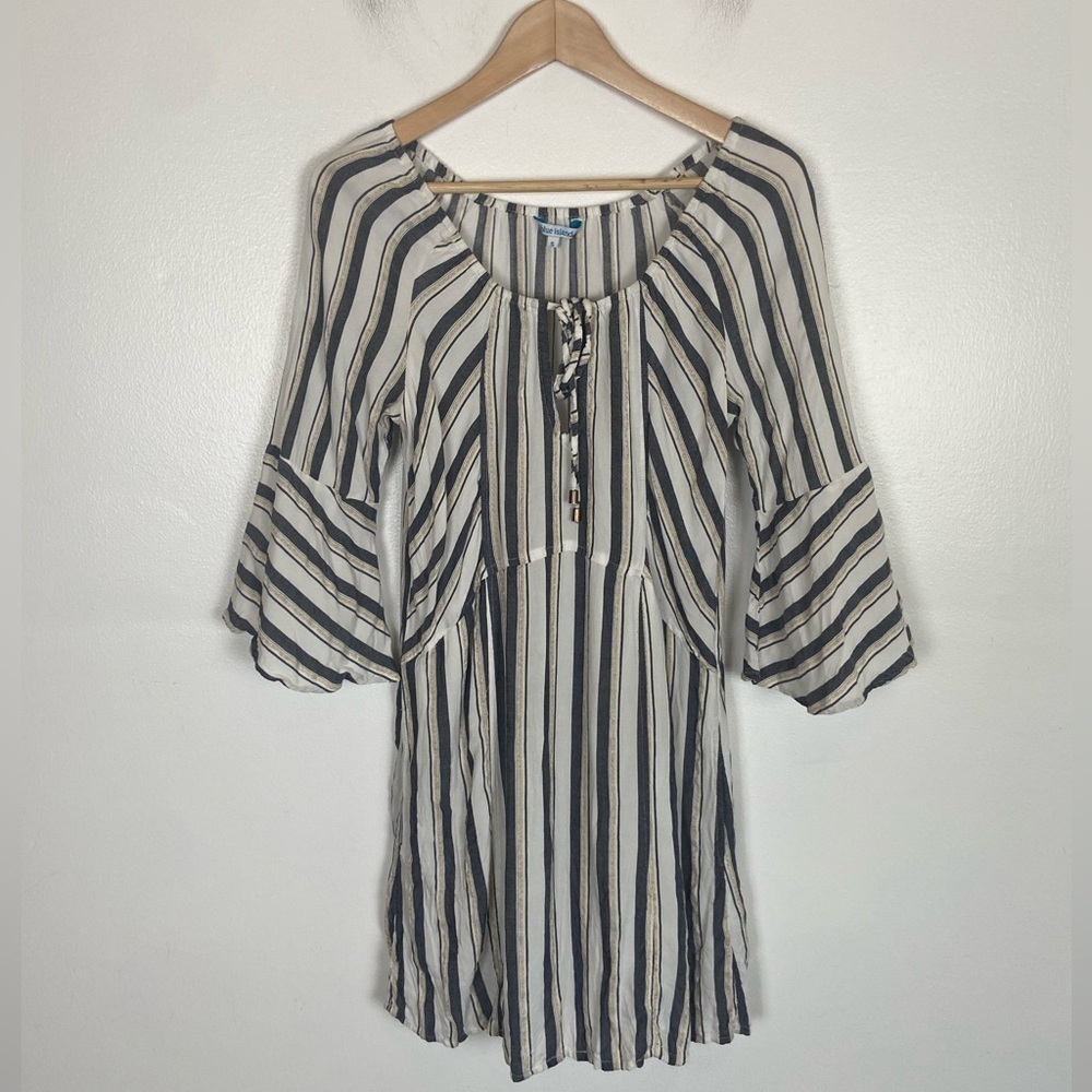 Blue Island Dress Beach Coverup Size S Flare Sleeve Stripes Side Pockets